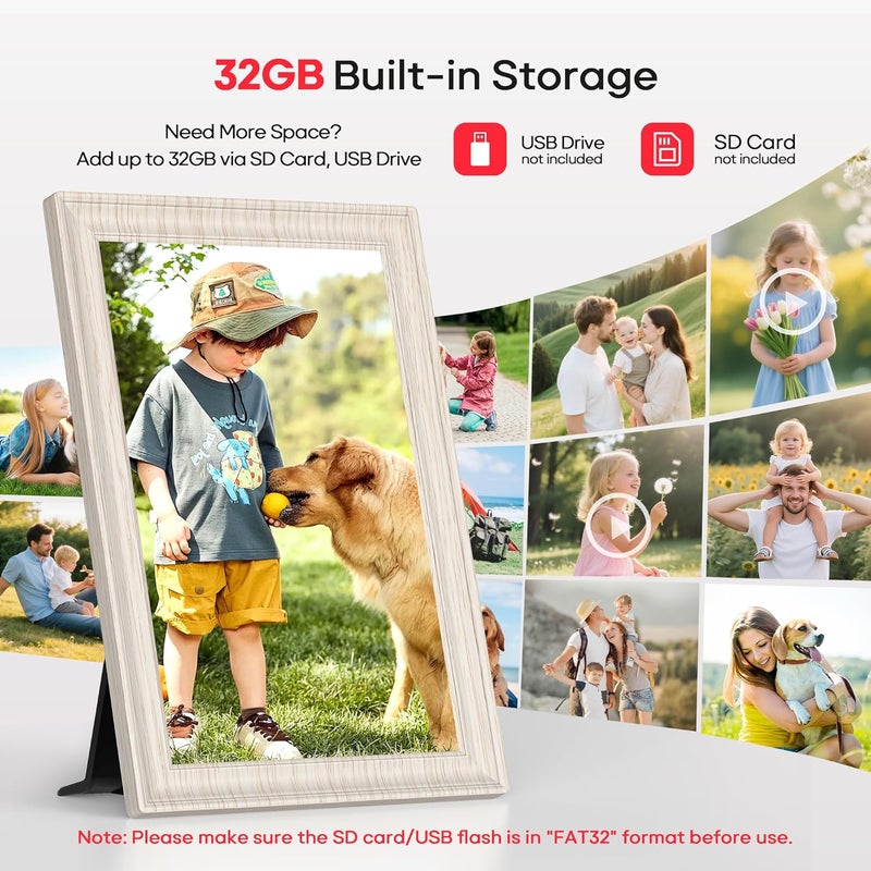 BIGASUO إطار فريميو 10.1" إطار صور رقمي واي فاي مع ذاكرة 32 جيجابايت، شاشة لمس IPS HD بدقة 1280 x 800، دوران تلقائي، عرض شرائح، مشاركة الصور/الفيديو عن بُعد في أي مكان، خشب أبيض مزخرف - Image 3